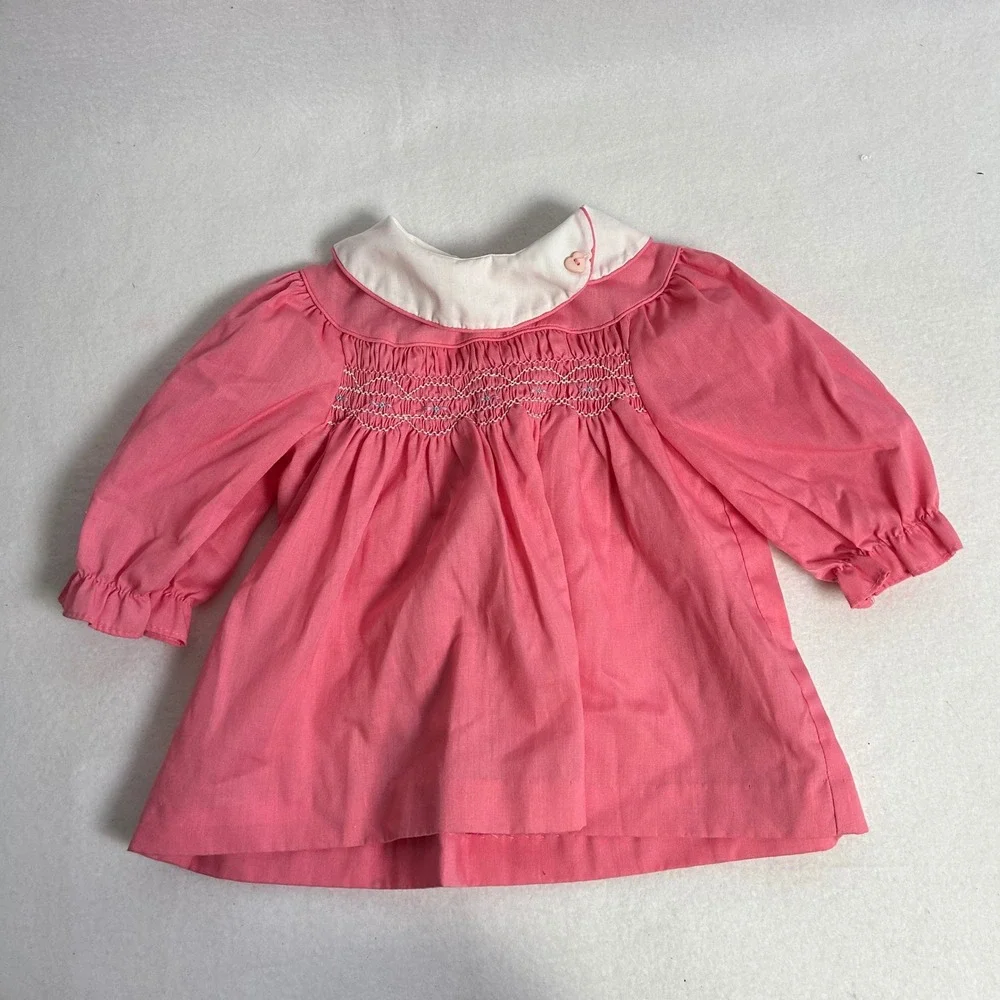 Vintage Carters Kids 12 Months Pink Blue Smocked Peter Pan Collar‎ Dress Lot 2pc